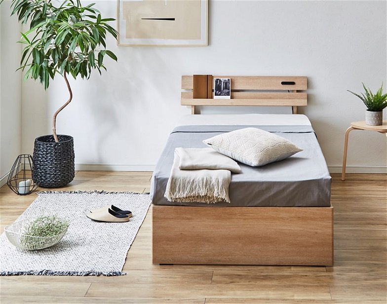 ベッド 棚付きベッド セミシングル マットレスセット 厚さ15cmポケットコイルマットレス付き 木製 コンセント