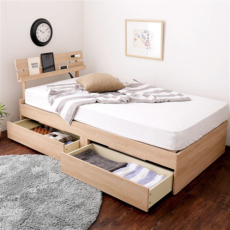 ベッド 収納ベッド セミシングル マットレスセット 厚さ20cmポケットコイルマットレス付き 木製 コンセント