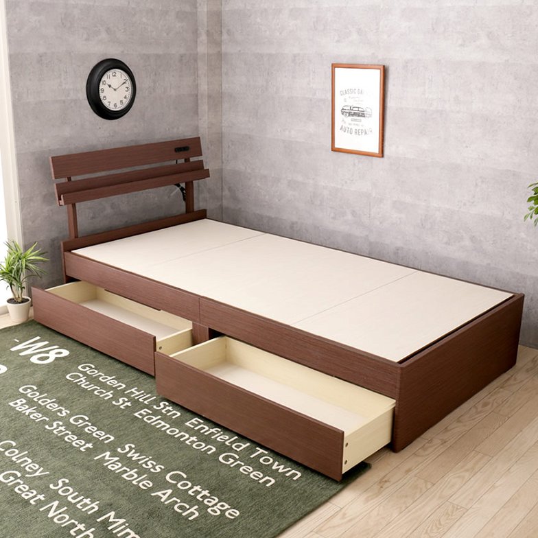 ベッド 収納ベッド シングル マットレスセット 厚さ20cmポケットコイルマットレス付き 木製 コンセント
