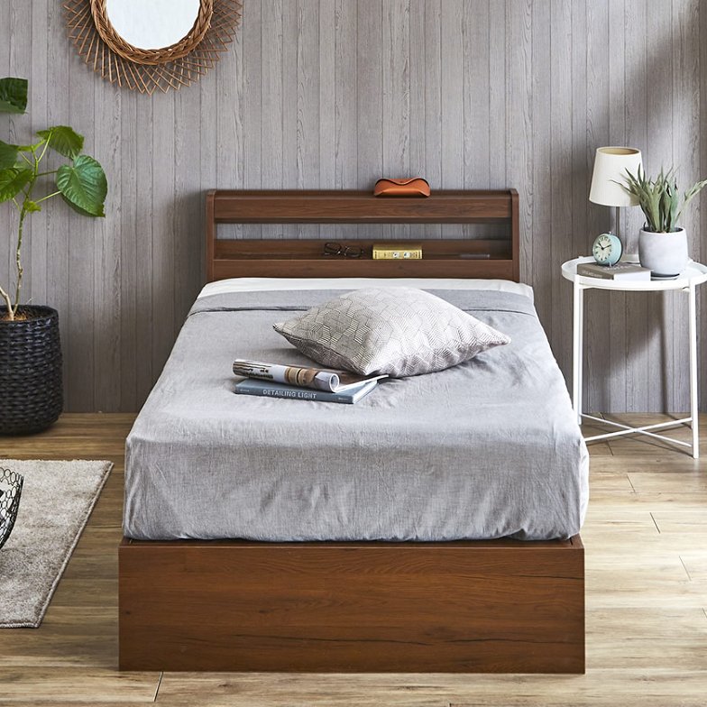 Kylee 引き出し付き収納ベッド セミダブル 厚さ20cmポケットコイルマットレス付き 木製 棚付き コンセント 照明付き 木製ベッド