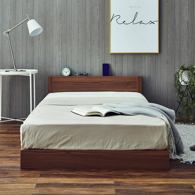ローベッド フロアベッド すのこベッド シングル 厚さ25cmポケットコイルマットレスセット 木製 棚付き コンセント