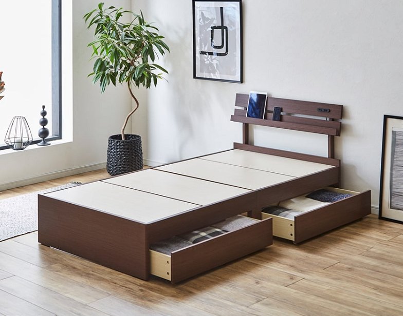 ベッド 収納ベッド セミシングル マットレスセット 厚さ11cm三つ折りポケットコイルマットレス付き 木製 コンセント