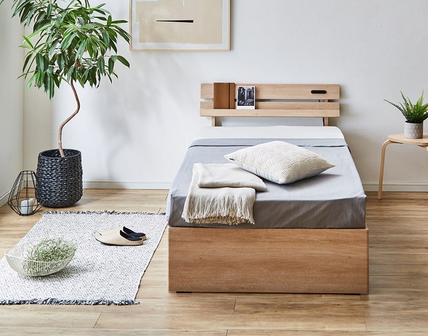 ベッド 収納ベッド セミダブル マットレスセット 厚さ11cm三つ折りポケットコイルマットレス付き 木製 コンセント