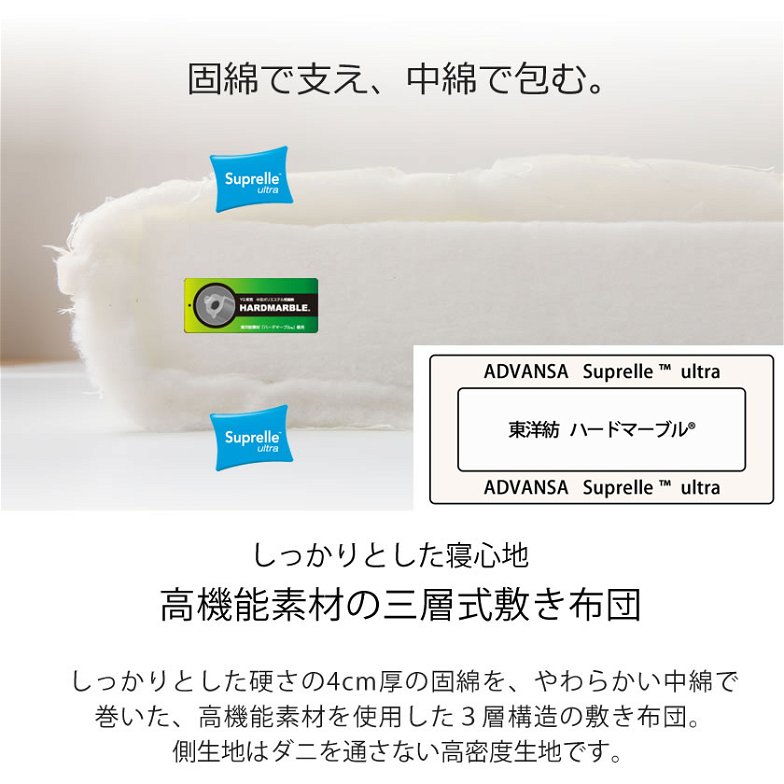 2つ折り 3層式敷き布団 シングル 高機能中綿「ADVANSA ・Suprelle ultraTM」と高反発素材東洋紡のハードマーブル?