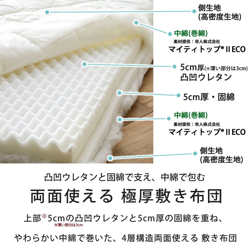 四層敷き布団 セミシングル ベッドで使える 敷きふとん 両面使える寝心地2タイプ 極厚 12cm厚 抗菌防臭防ダニ加工中綿テイジン |  ベッド・マットレス通販専門店 ネルコンシェルジュ neruco