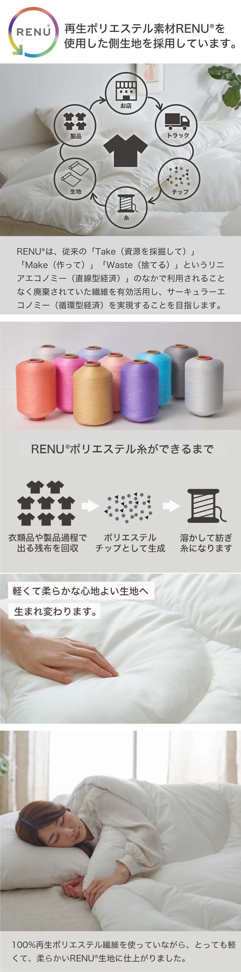 再生ポリエステル素材RENU?を使用した側生地を採用しています。RENU?ポリエステル糸ができるまで。軽くて柔らかな心地よい生地へ生まれ変わります。