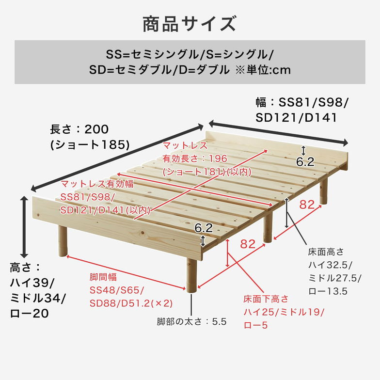 マーヴィン すのこベッド セミシングル ショート ベッド単品のみ 木製 頑丈 ヘッドレス 高さ3段階