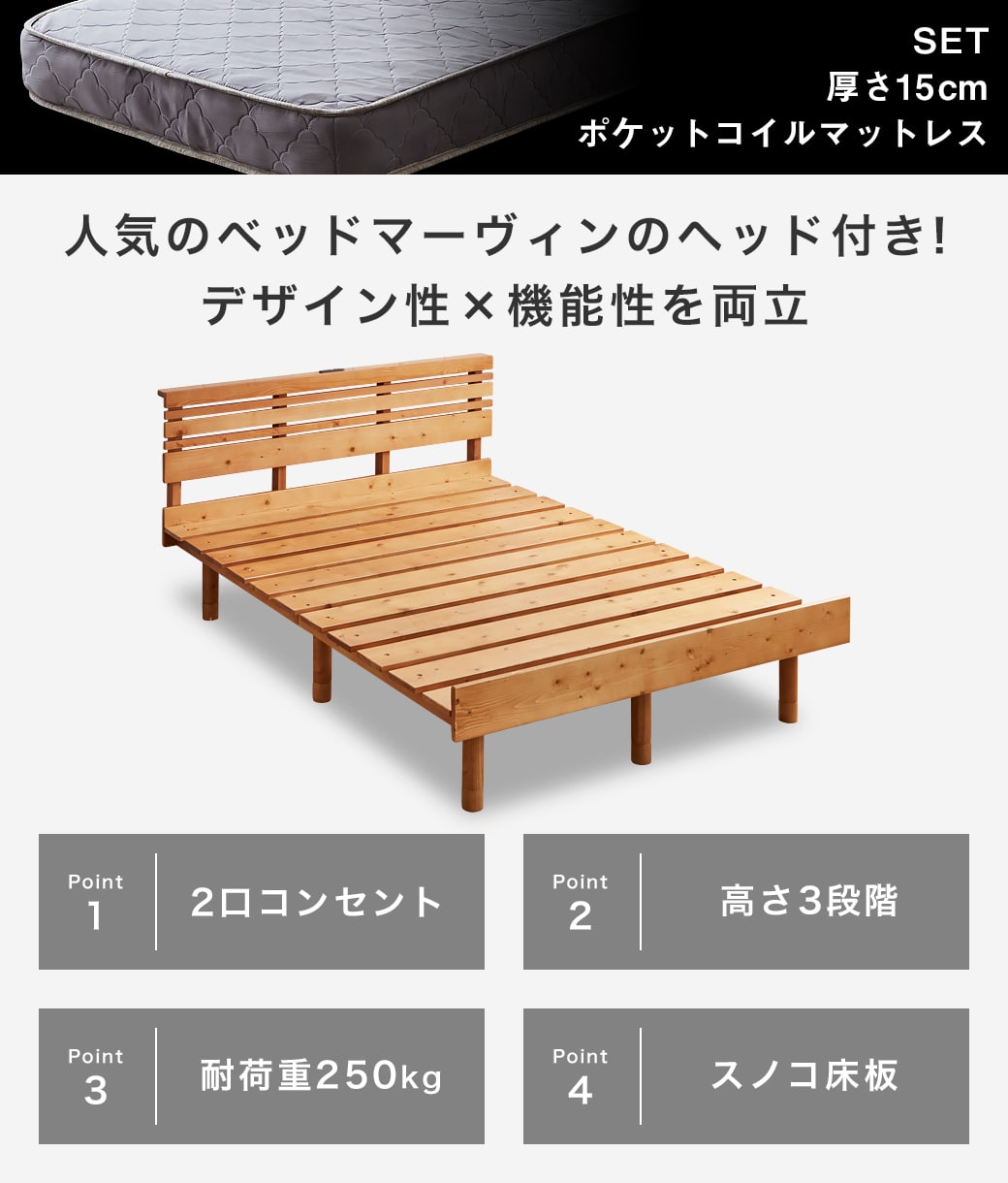 ポイント10倍】マーヴィン すのこベッド 棚コンセント付き ローベッド