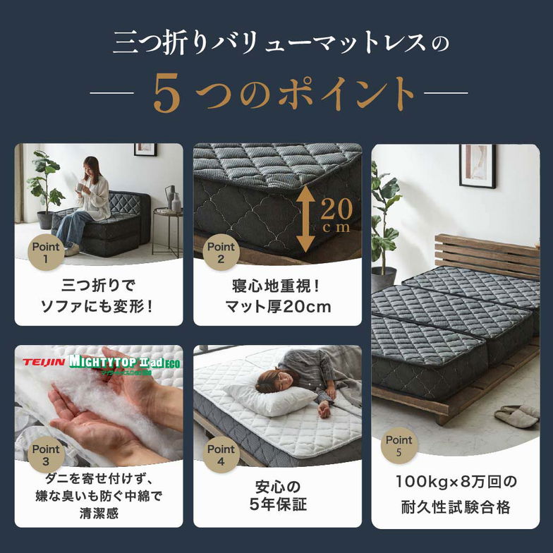ポケットコイルマットレス 三つ折り 極厚20cm セミシングル高密度ポケットコイル 抗菌防臭 防ダニ 帝人マイティトップ2 圧縮ロール ソファになるマットレス