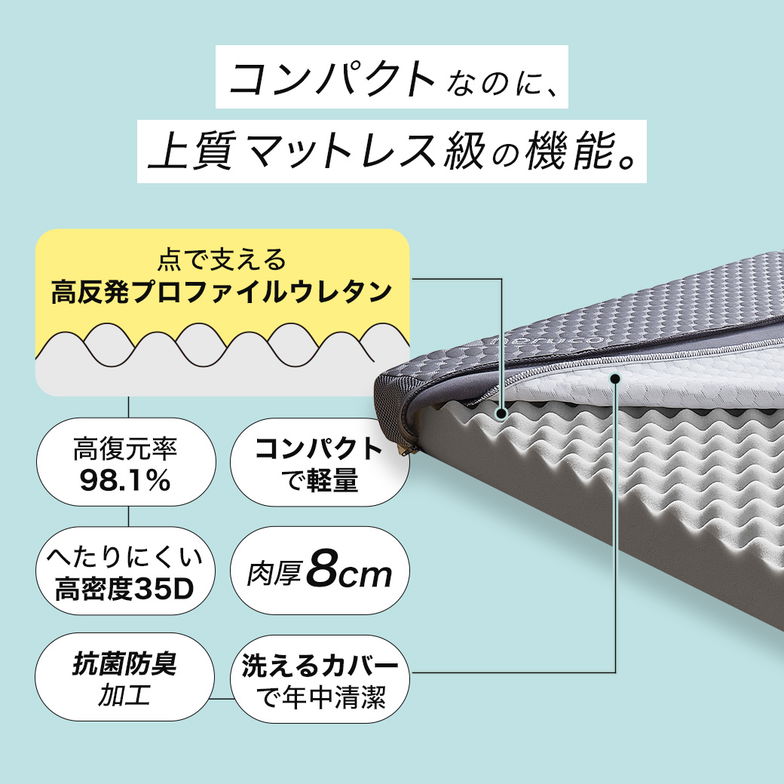 ネルコンシェルジュ 四つ折りウレタンマットレス 厚さ8cm シングル シングルショートサイズ 抗菌防臭 高復元率 高反発 高密度35D 軽量