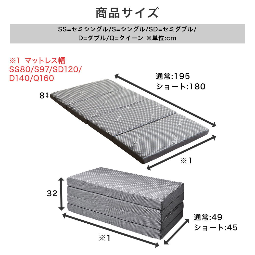 四つ折りウレタンマットレスのサイズ詳細