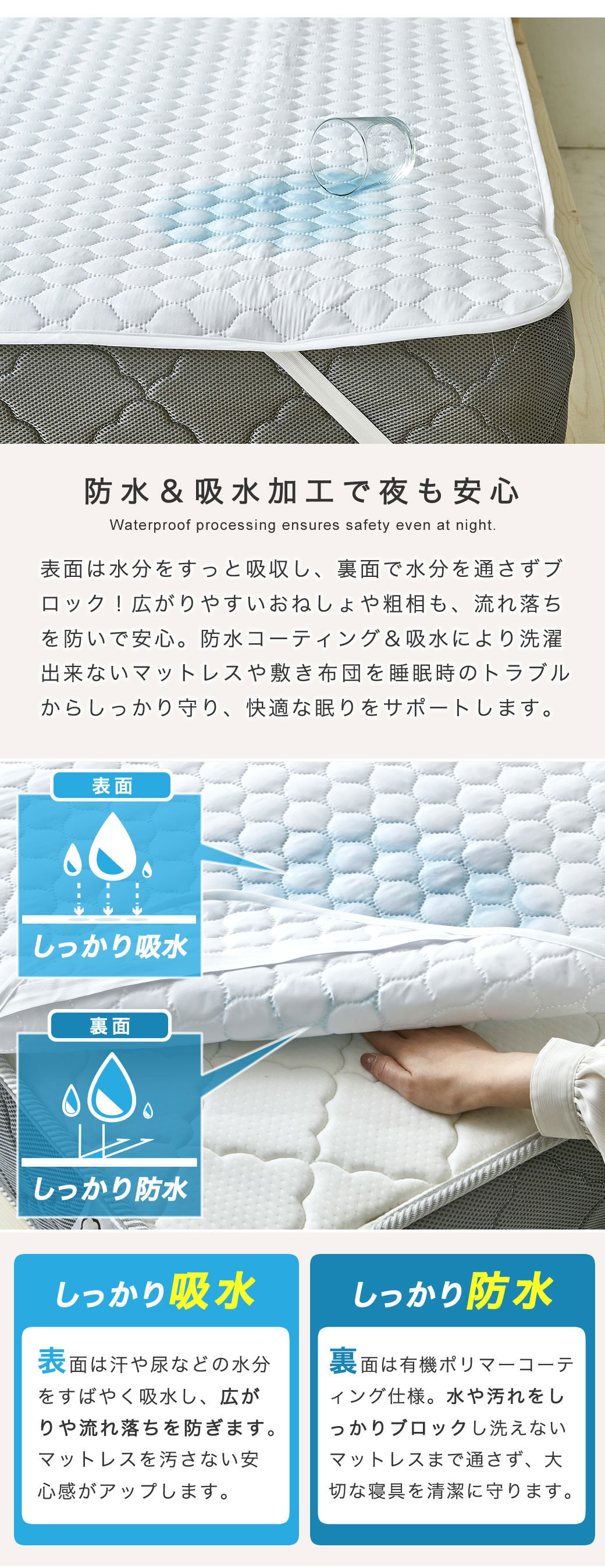 ベッドパッドの表面で水分を吸収、裏面は防水コーティングでマットレスまで水分を届かせない