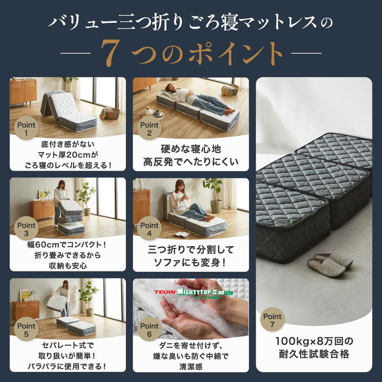 ポケットコイル マットレス 三つ折り ごろ寝 バリューマットレス 60×180 厚み20cm 幅60cm 高密度ポケットコイル 抗菌防臭 防ダニ 