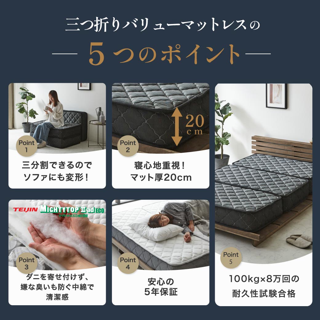 ポケットコイルマットレス 三つ折り 極厚20cm シングルロング 高密度