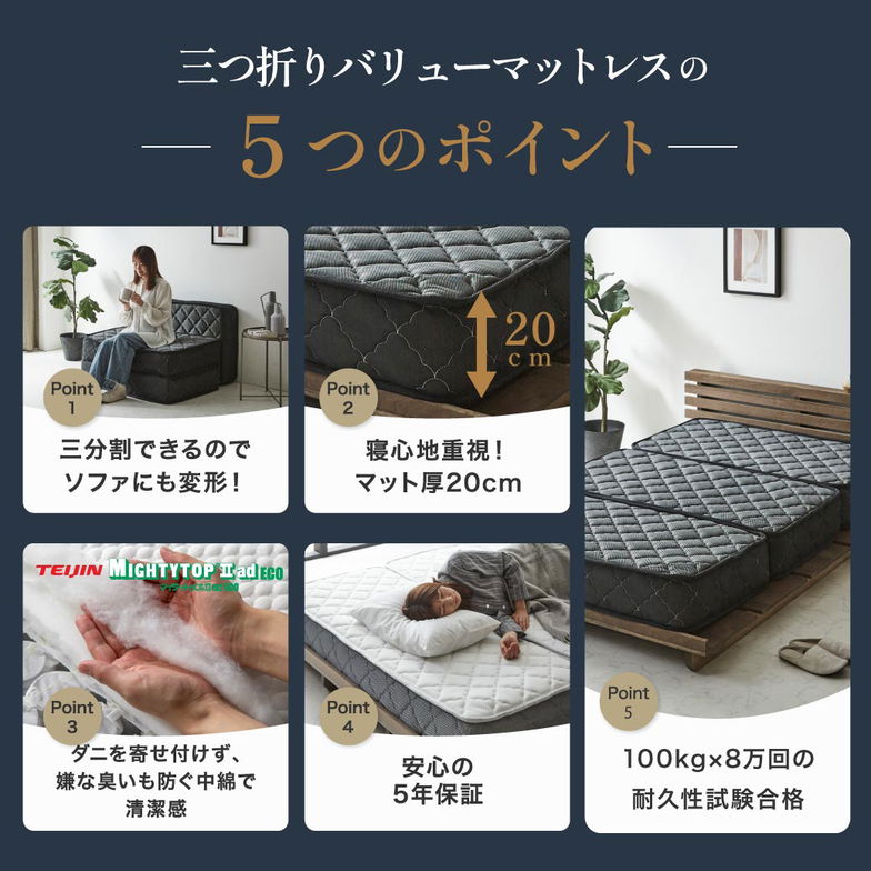 ポケットコイルマットレス 三つ折り 極厚20cm シングルロング 高密度ポケットコイル 抗菌防臭 防ダニ 帝人マイティトップ2 圧縮ロール ソファになるマットレス