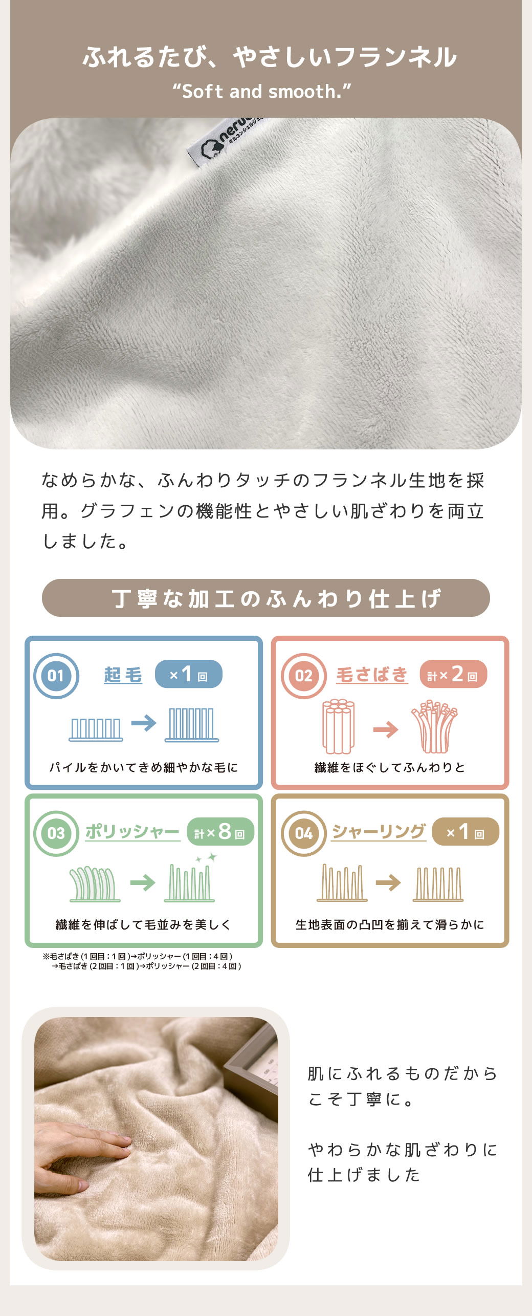 ソフトな肌ざわり 丁寧仕上げのフランネル生地