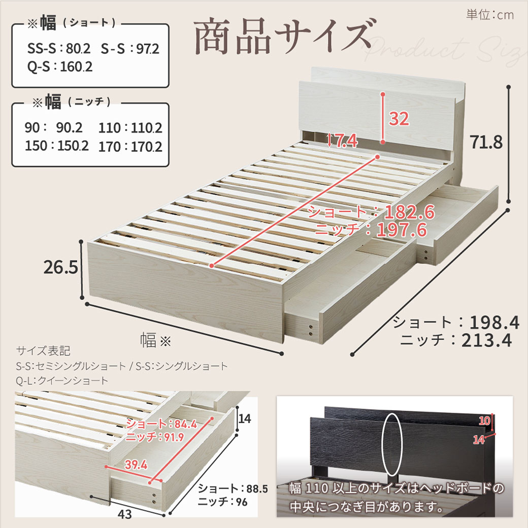収納付きベッド シングルショート 厚20cmバリューポケットコイル