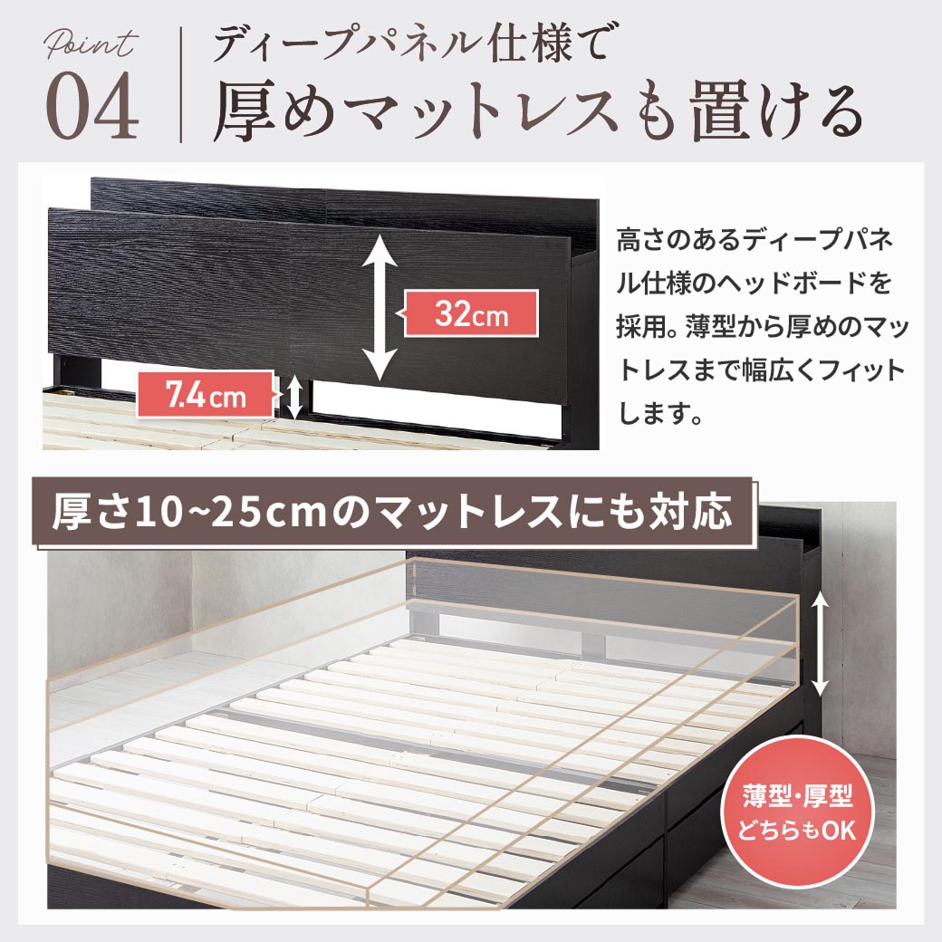 収納付きベッド セミシングルロング 厚20cmバリューポケットコイル