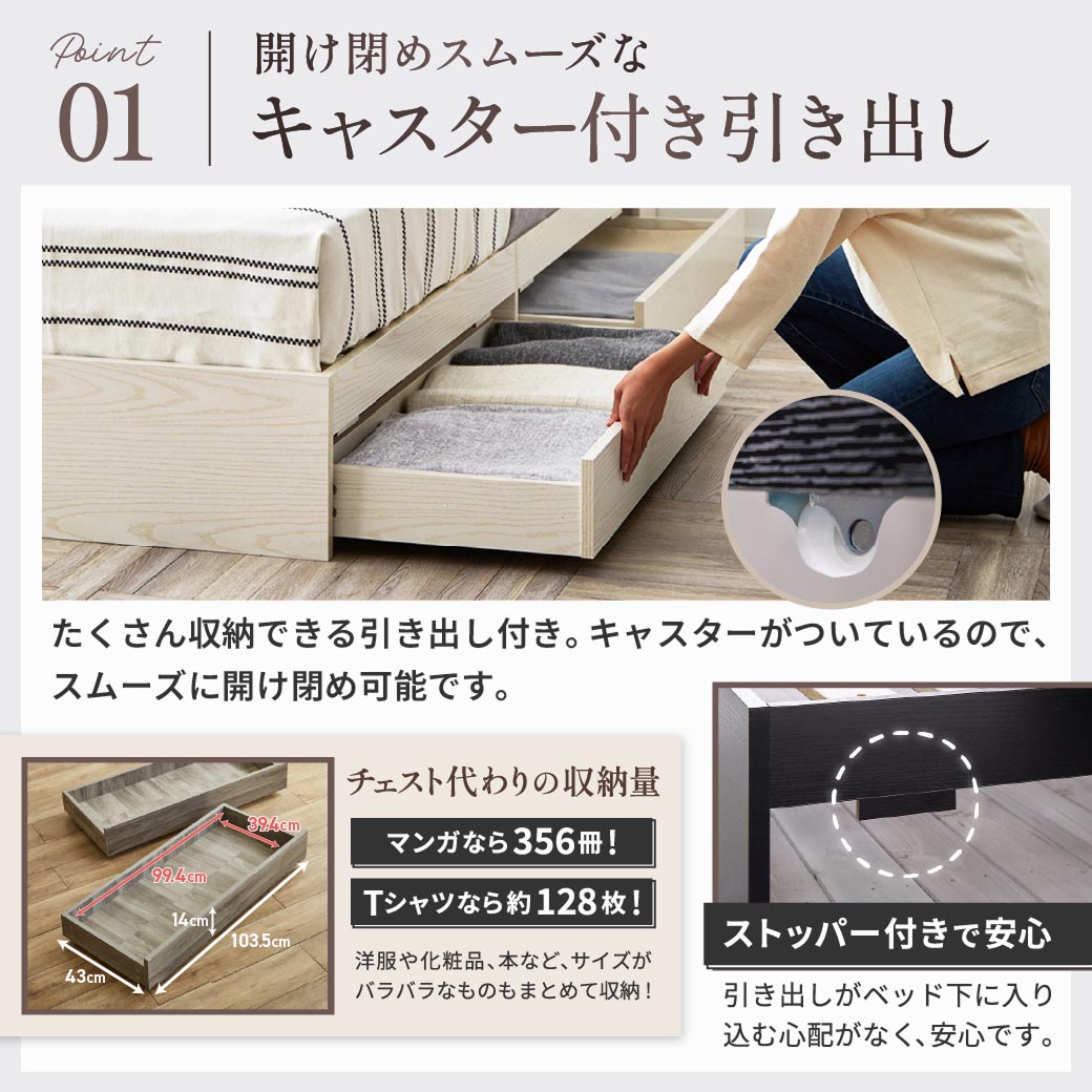 収納付きベッド ダブルロング 厚20cmバリューポケットコイルマットレス