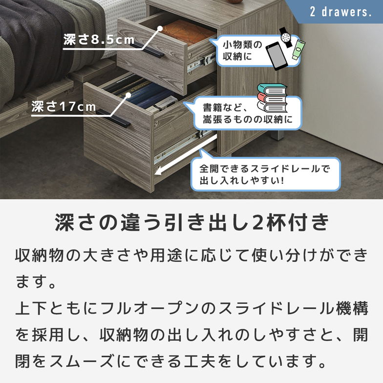 引き出し付きナイトテーブル ナイトテーブル サイドテーブル 収納 コンセント USB-A USB-C 充電 引き出し2杯 小物入れ 整理整頓