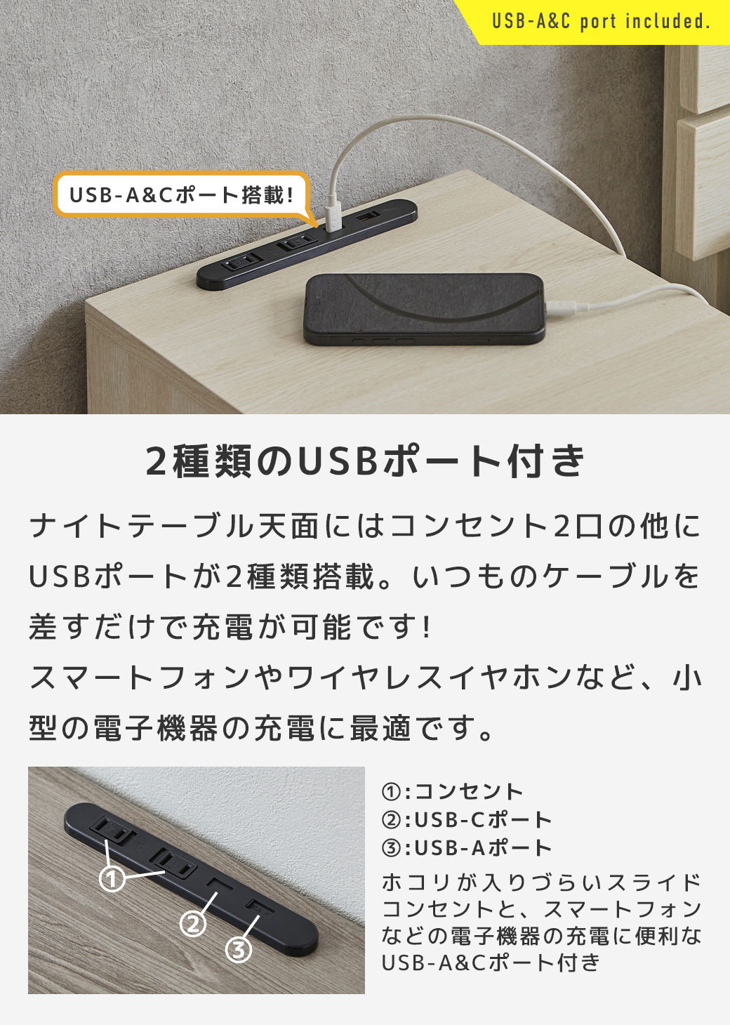 USB-A&Cポート搭載 コンセント2口 USBポート2種類 スマートフォン ワイヤレスイヤホン 小型電子機器 充電 USB-A&Cポート