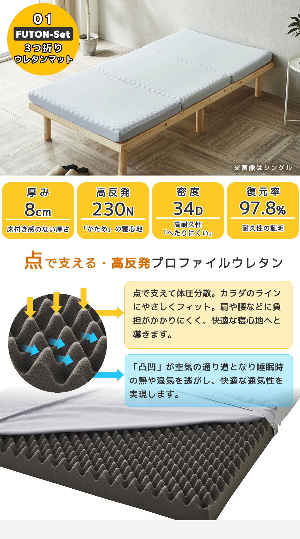 3つ折りマットレス付き布団4点セット【セミシングルショート