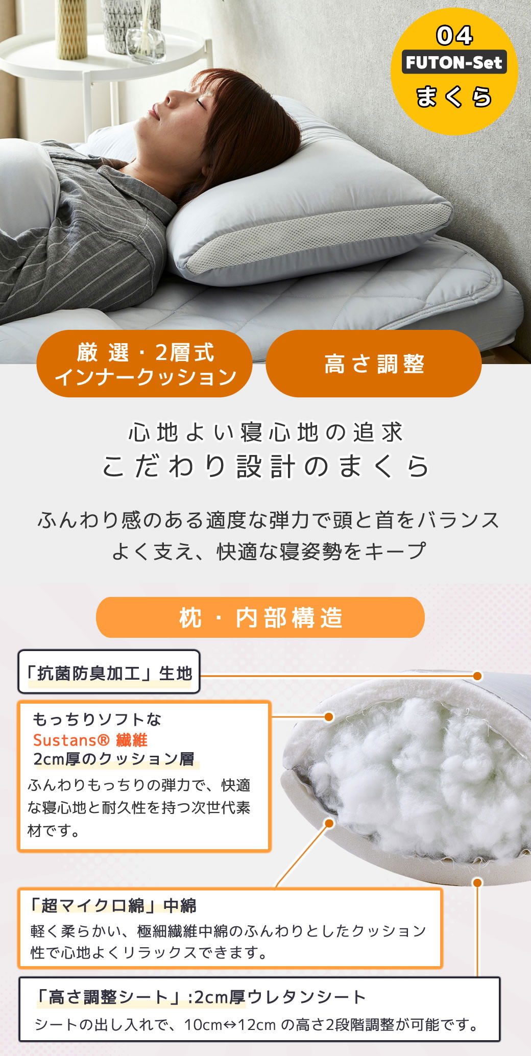 3つ折りマットレス付き布団4点セット セミシングル プロファイル