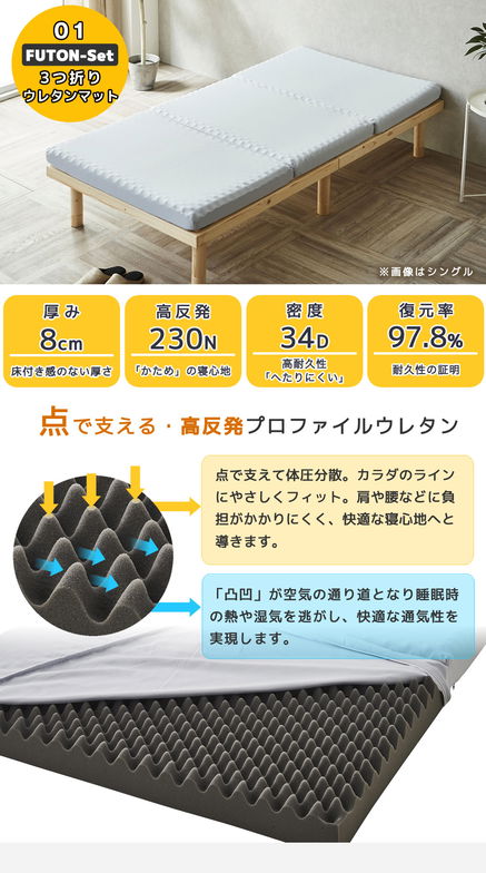 3つ折りマットレス付き布団5点セット ダブル プロファイルウレタンマットレス ベッドパッド まくら×2 布団セット