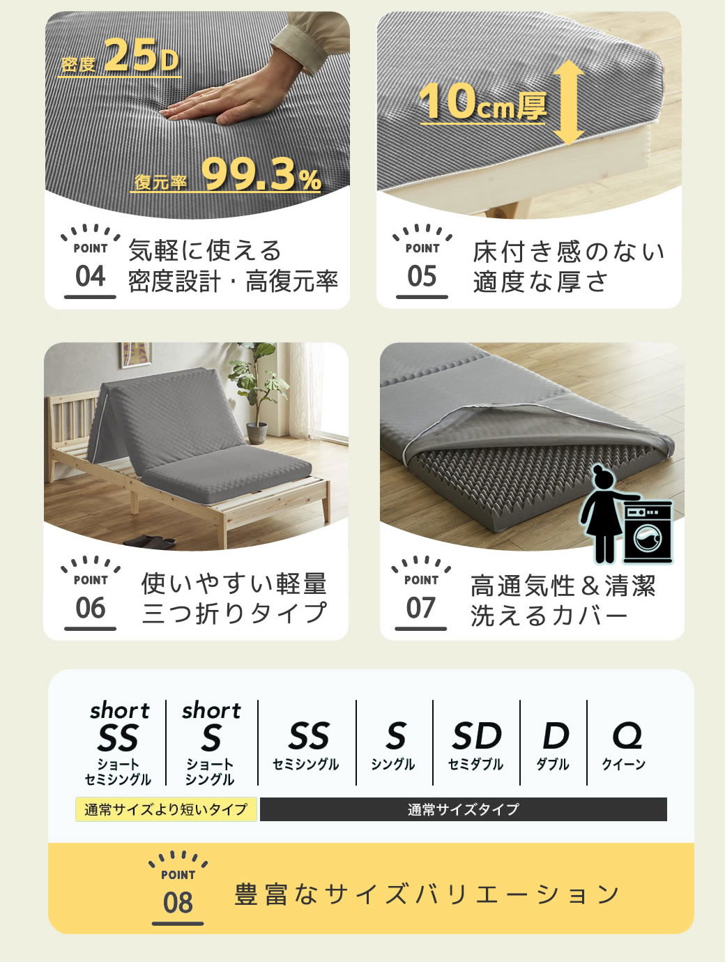 三つ折りウレタンマットレス シングルショート 25D プロファイル