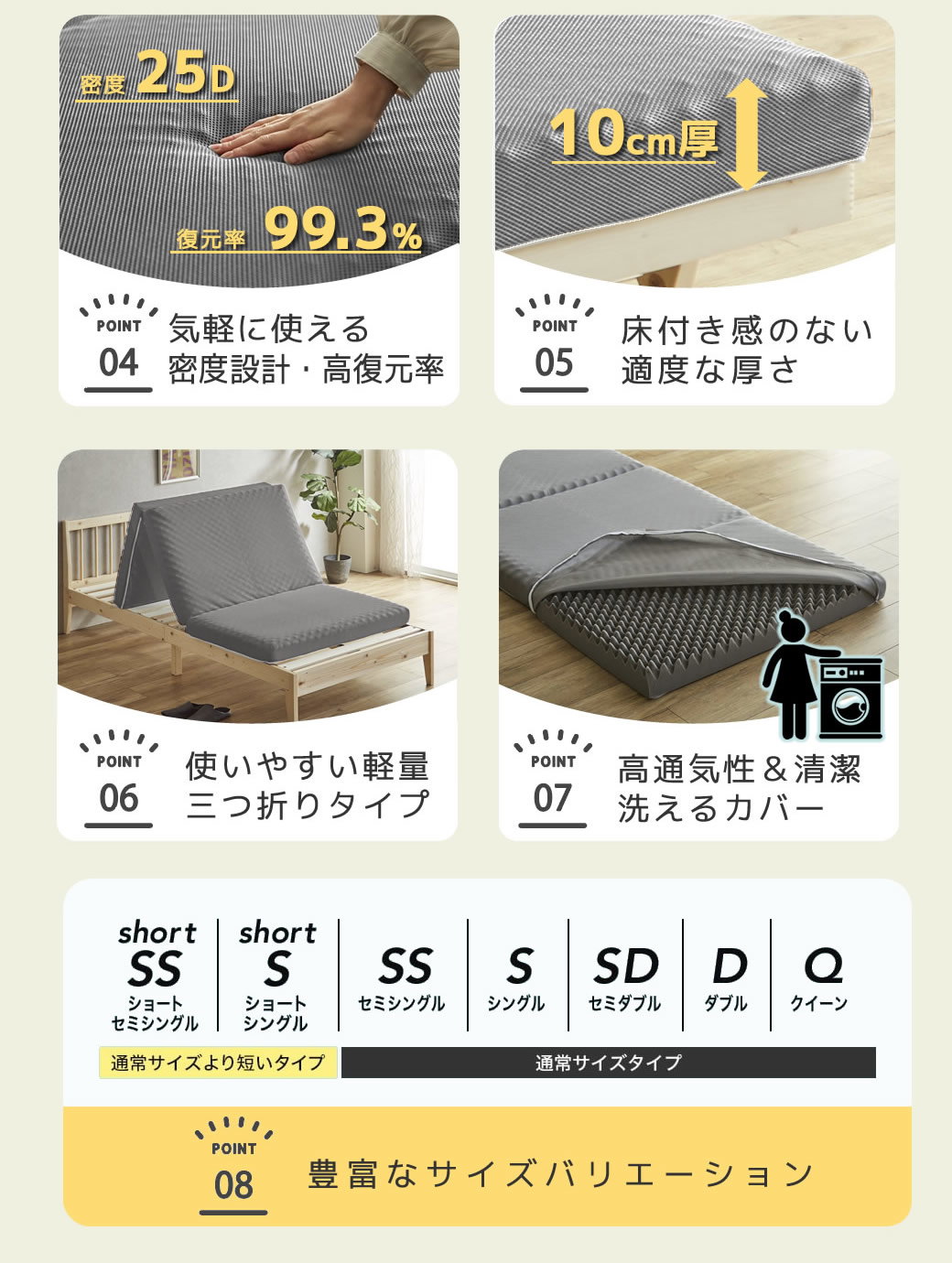 三つ折りウレタンマットレス シングル 25D 10cm厚 プロファイル