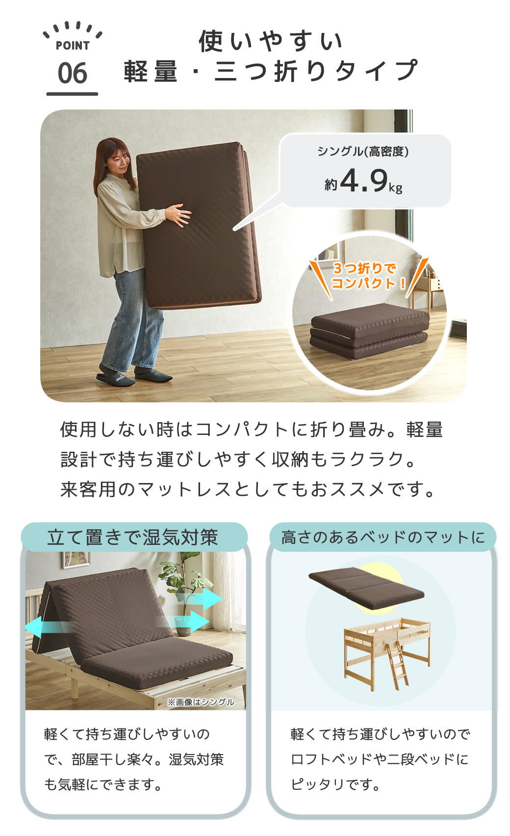 三つ折りウレタンマットレス シングル 30D 10cm厚 プロファイル