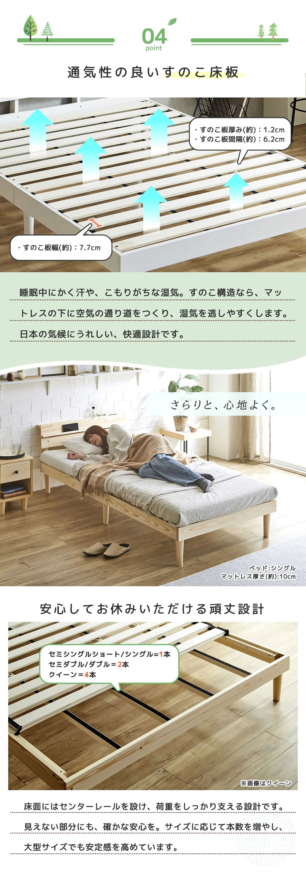 通気性が良く頑丈すのこ床板仕様