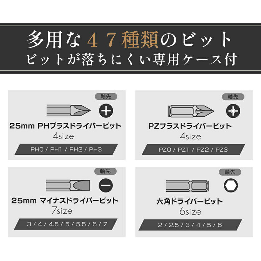 電動ドライバー セット 小型 47点セット 女性にも使いやすい最軽量280g