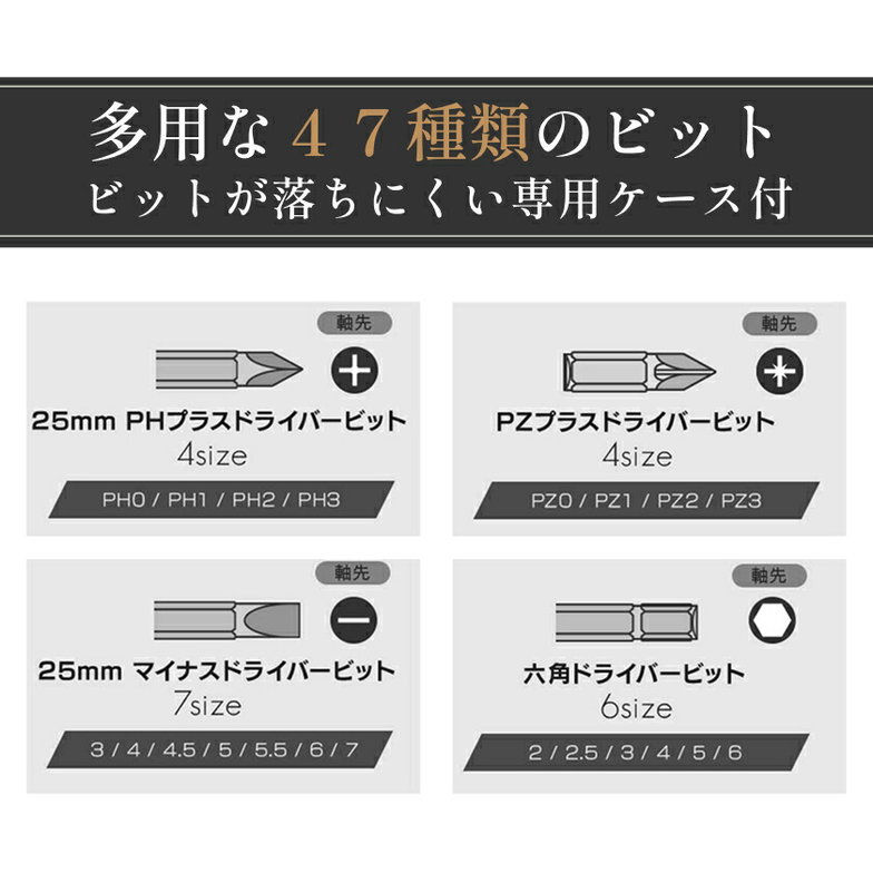 電動ドライバー セット 小型 47点セット 女性にも使いやすい最軽量280g USB 充電式 変形 ビットセット コードレス コンパクト 2Way