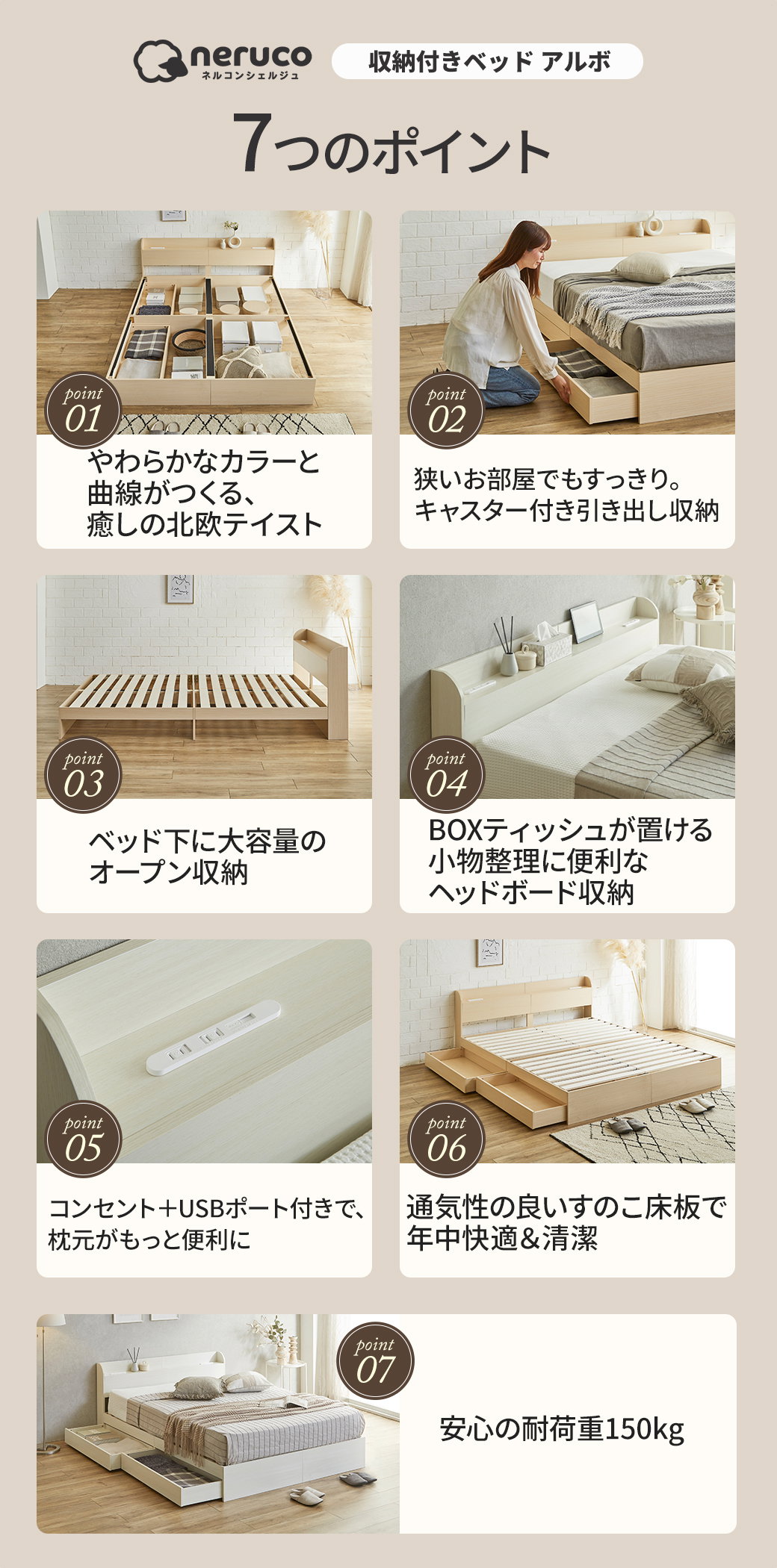 収納付きベッド ARBO（アルボ）7つのポイント一覧（引き出し収納・オープン収納・ヘッドボード収納・USB/コンセント・すのこ・耐荷重150kg）