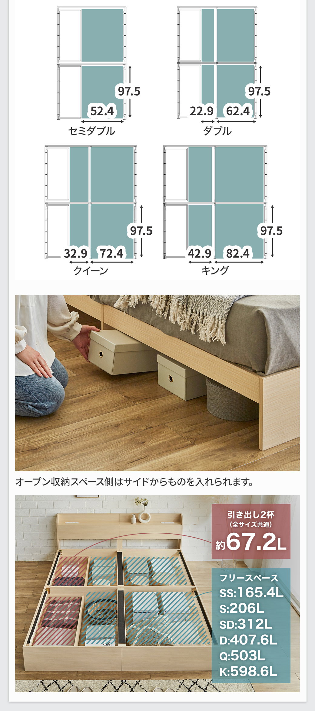 収納付きベッド ARBO（アルボ）オープン収納容量＆サイズ別寸法（SD/D/Q/K）サイドから出し入れOK・収納量表示