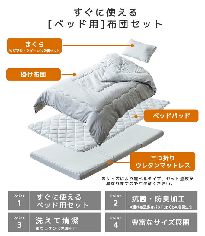 【セット品】3つ折りマットレス付き布団セット 布団カバーセットセミダブル+綿100%ツイル 布団カバーセット ボックスシーツ