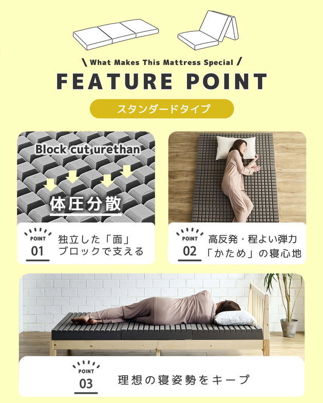 三つ折りウレタンマットレス ダブル 10cm厚 25D ブロックウレタンマットレス かため 折りたたみマットレス 洗えるカバー スタンダードタイプ