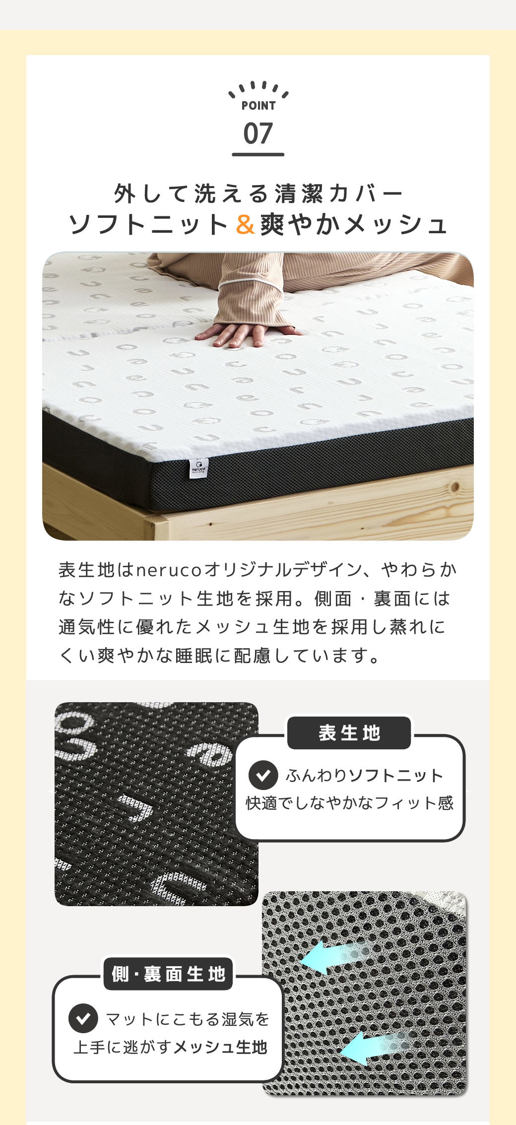 側面。裏面は通気性のよい立体メッシュ生地 カバー取り外して洗濯が可能です。コの字型開閉ファスナー