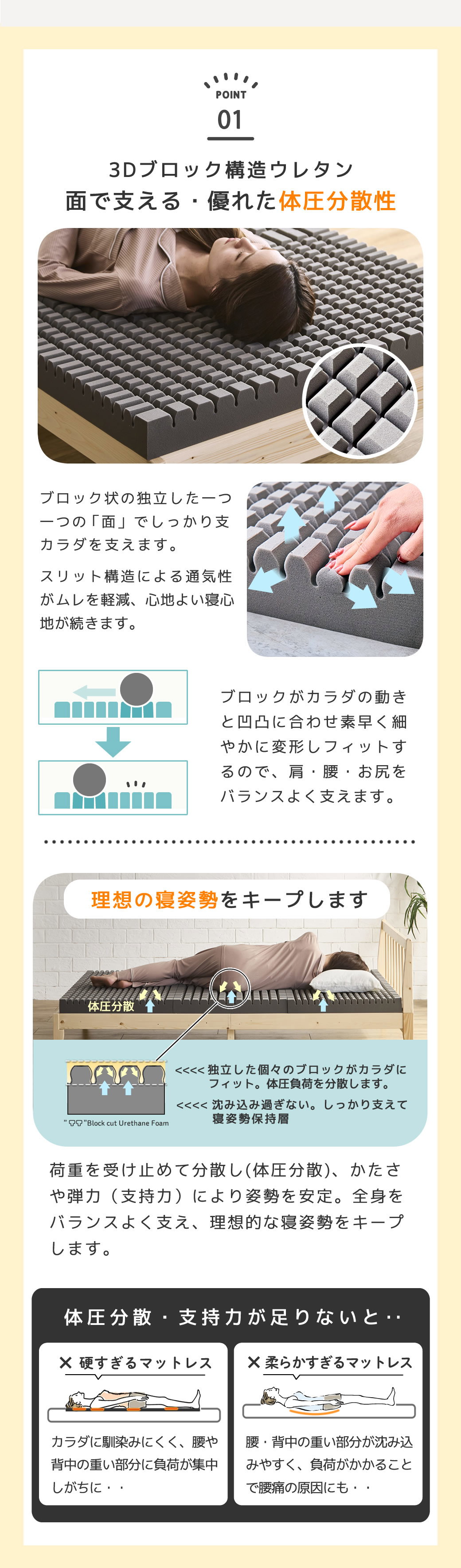 体圧分散と姿勢を保つ支持力で理想の寝姿勢をキープ