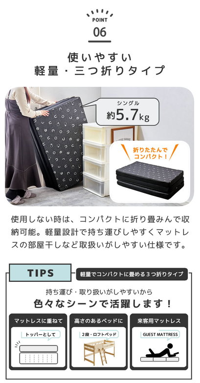 三つ折りウレタンマットレス セミシングル ブロックウレタン 8cm厚 かため 高反発 折りたたみマットレス 高密度35D  洗えるカバー 通気性 