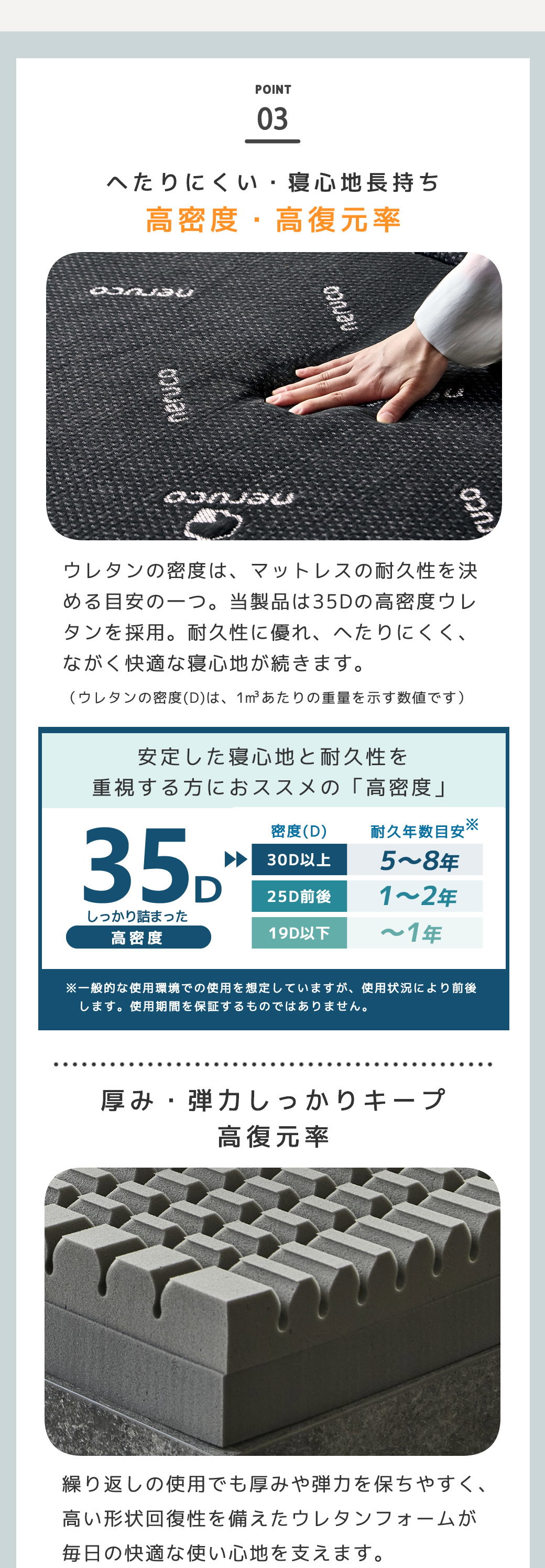 耐久性に優れ寝心地長持ち高密度35D 