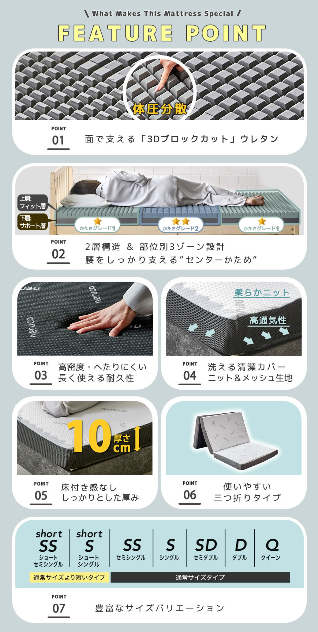 三つ折りウレタンマットレス ブロックウレタン 2層マットレス 10cm厚