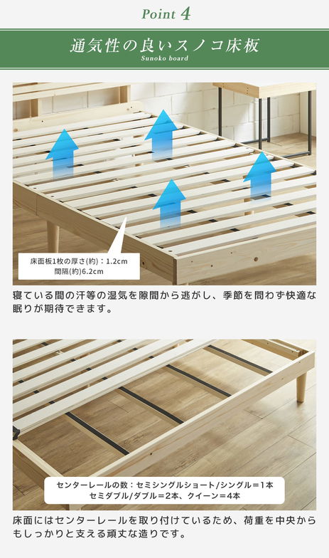 フュゼル すのこベッド 棚付きベッド シングル 厚さ10cm三つ折り25Dウレタンマットレス付き 木製