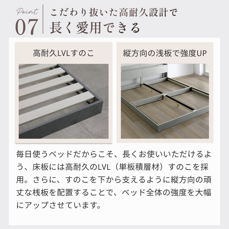 ローベッド ラウノ ROUNO フロアベッド すのこ マットレス付き USB・コンセント 連結 フレーム ローベット 棚 付き セミダブル 20cm厚 スーパーハード