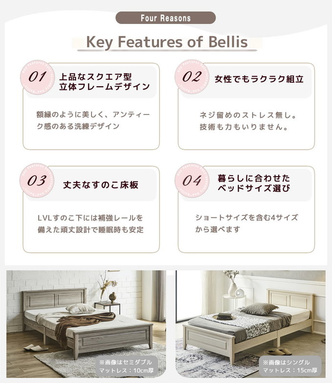 簡単組み立てベッド 工具不要 5分で完成 すのこベッド ネジ不要 セミダブル 10cm厚三つ折り30Dウレタンマットレス付き 木製 カンタン 簡単組立 ベッド ベリス