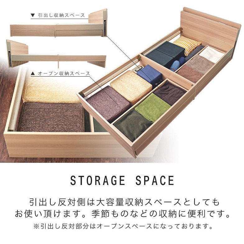 収納ベッド LYCKA2 リュカ2 すのこベッド セミシングル ポケットコイルマットレス付き 木製ベッド 引出し付き 照明付き 棚付き 2口コンセント