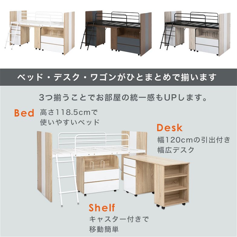 システムベッドセット デスク シェルフ キャビネット セット 木製　ナチュラル　ブラウン　グレー　アイアン 大人 収納 ロフトベッド