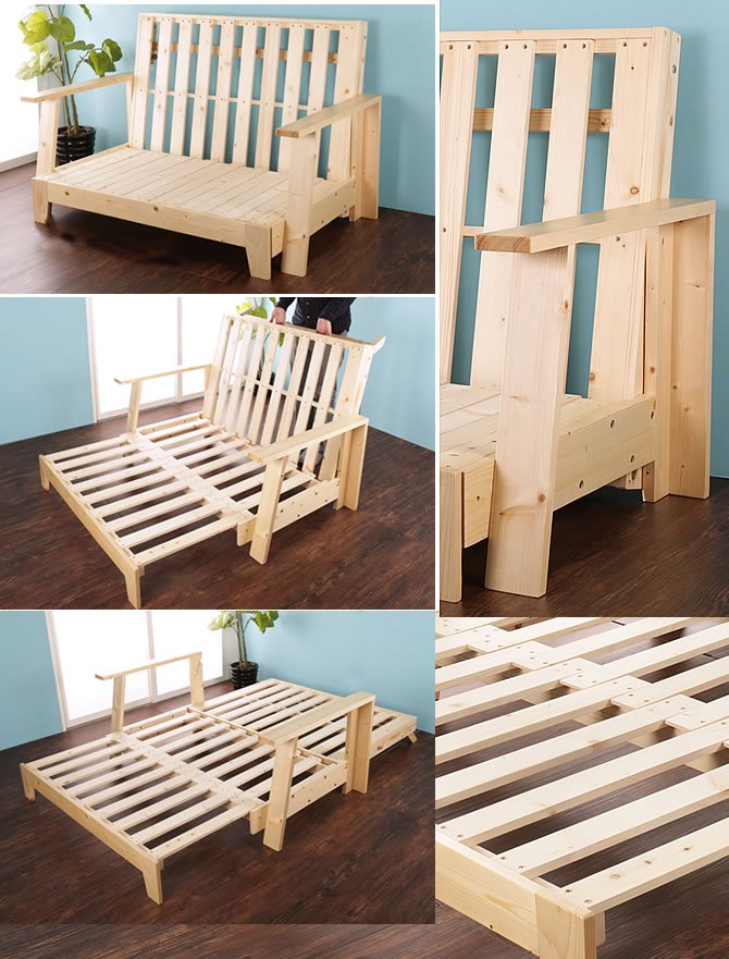 木製ソファベッド セミダブル ベッド、カウチソファ、2Pソファ 1台に3 