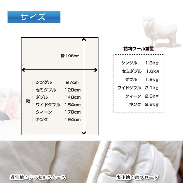 日本製ウールベッドパッド シングル（97×195）詰物ウール重量1.3kg 英国産羊毛100% 敷きパッド 付【受注生産品】